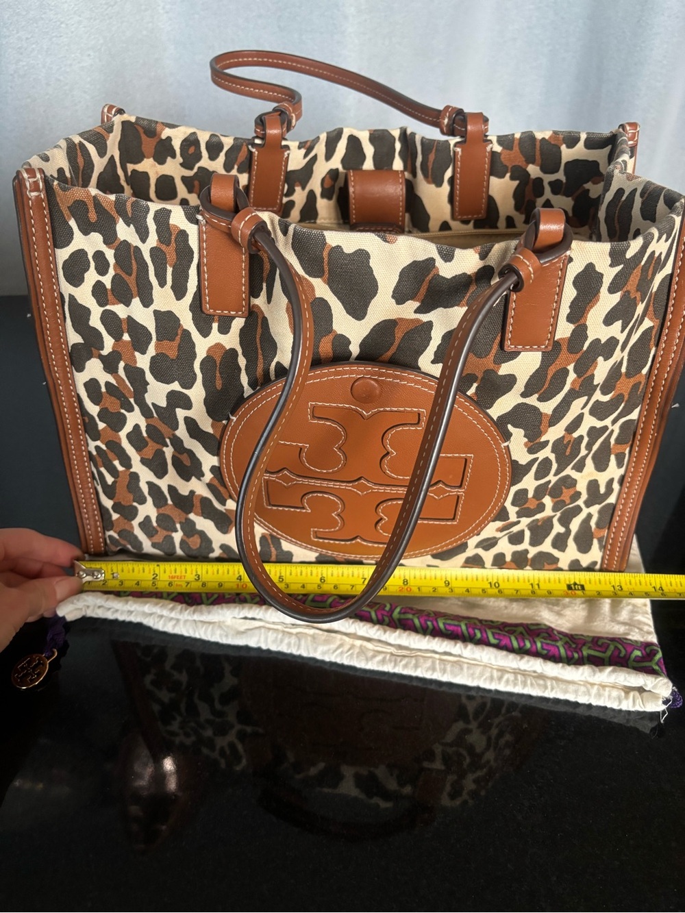 Authentic Tory Burch Ella Leopard Print Leather-Trim canvas Tote - Brown/Cream - Picture 9 of 16